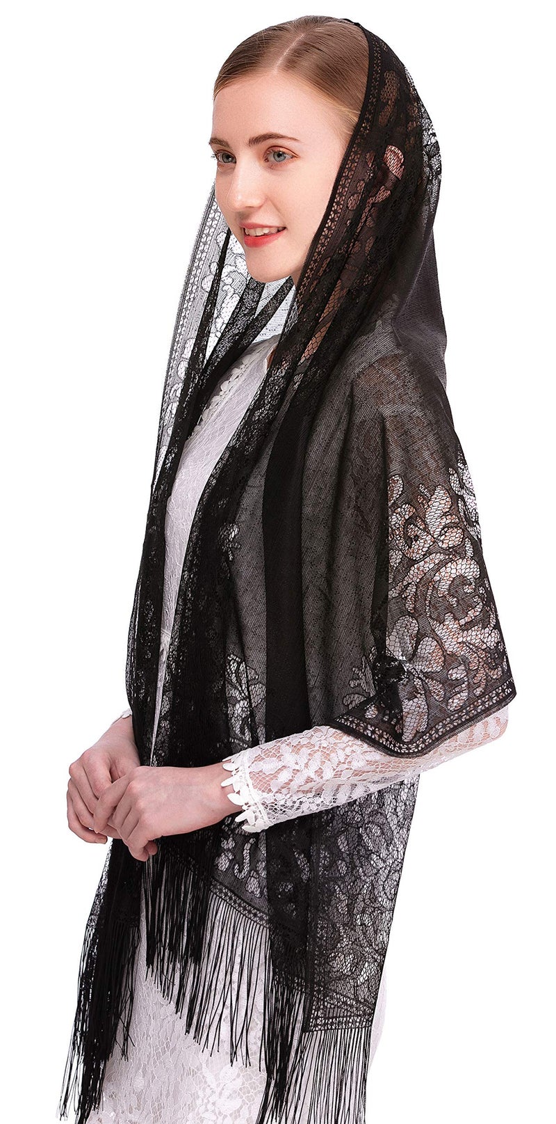 PAMOR Chapel Veil Scarf Mantilla Veils Rectangular Wrap Shawl Mass Head Covering with Fringe Trim (Black) - Image 1