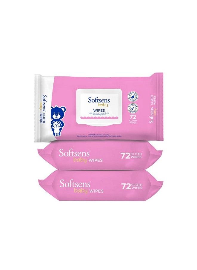 Softsens - Baby Gentle Cloth Wipes For Baby Skin Enriched With Aloe Vera & Vitamin E I Dermatologically Tested & Parben Free With Lid72 Wipes (Pack Of 3) - Image 1