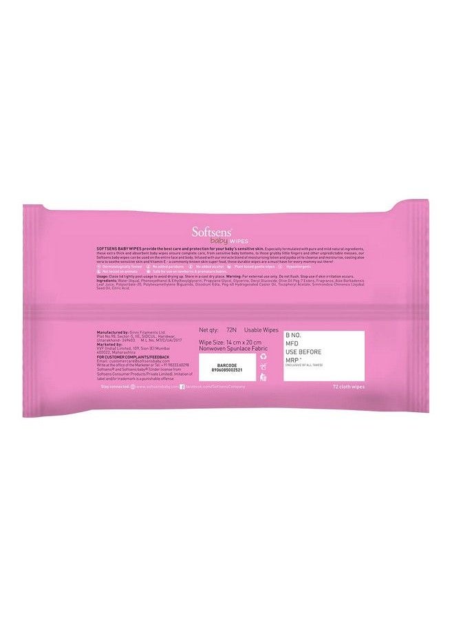 Softsens - Baby Gentle Cloth Wipes For Baby Skin Enriched With Aloe Vera & Vitamin E I Dermatologically Tested & Parben Free With Lid72 Wipes (Pack Of 3) - Image 1