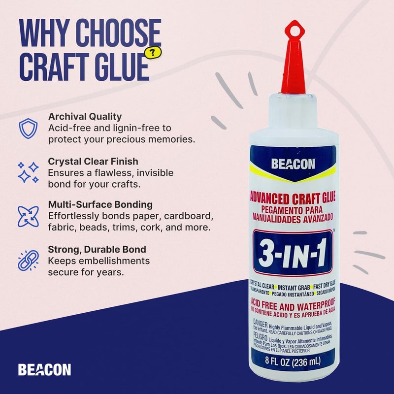 Beacon غراء بيكون 3 في 1 المتقدم - لاصق سريع الجفاف، شفاف كريستالي للخشب، والسيراميك، والأقمشة، وأكثر، 8 أونصة - Image 3