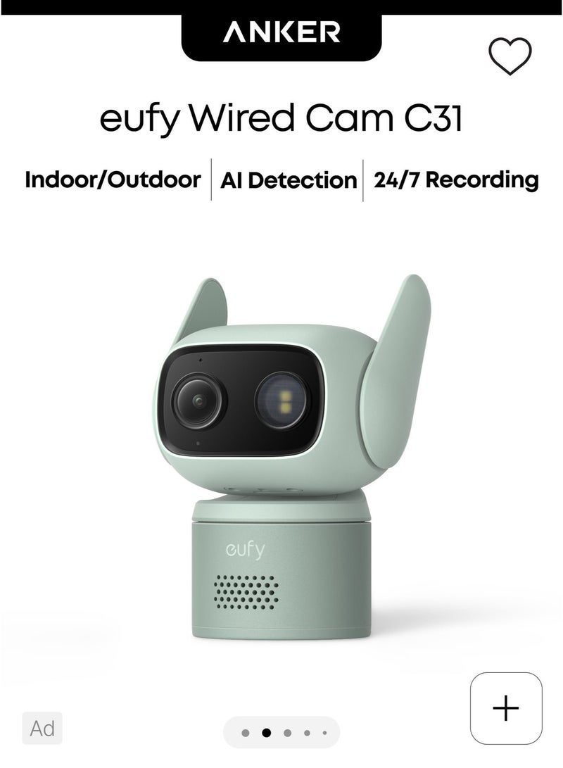 eufy Wired Cam C31, 360° Coverage with Pan and Tilt, Indoor and Outdoor, Dual Antenna, Color Night Vision, Local Storage, No Monthly Fee, AI Human/Vehicle/Pet/Cry Detection, 24/7 Continuous Recording - Image 1