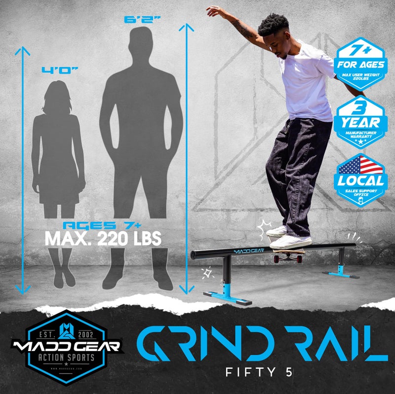 Madd Gear 55" Long Flat Bar Skate Rail – Heavy Duty Durable Round Skateboard Pro Scooter or Inline Skate - Adjustable Height - Smooth Easy Sliding Assembly & Great for Beginners to Advanced Skatepark - Image 2