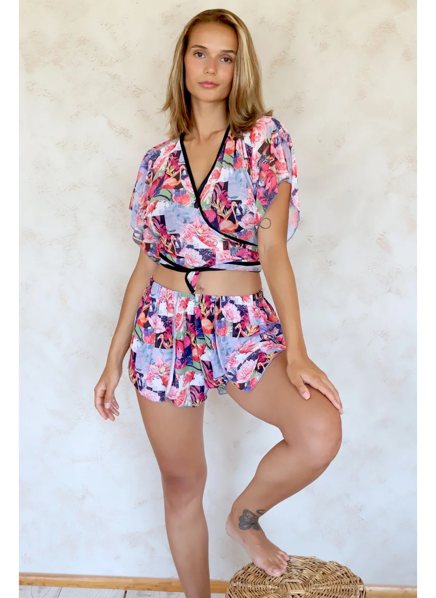 Hamur Dough Summer Beach Shorts Pareo Swim Shorts Closed Front Slit Elastic Chiffon Tulle Fabric Collage Red