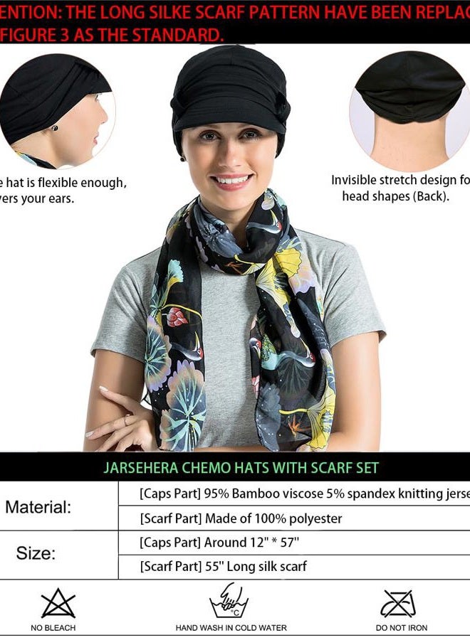 JarseHera Chemo Hats for Women Bamboo Cotton Lined Newsboy Caps with Scarf Double Loop Headwear for Cancer Hair Loss, Black, One size - Image 2