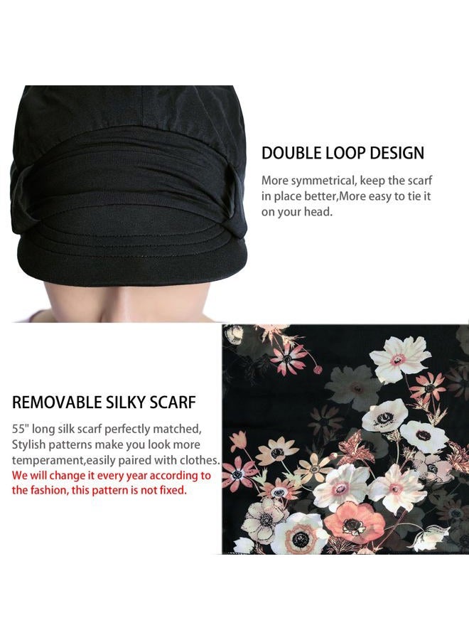 JarseHera Chemo Hats for Women Bamboo Cotton Lined Newsboy Caps with Scarf Double Loop Headwear for Cancer Hair Loss, Black, One size - Image 3