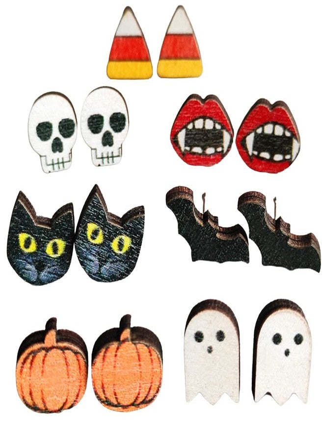 Pingyongchang Halloween Stud Earrings Set Cartoon Pumpkin Cat Cute Ghost Bat Drop Earring Studs for Women Girls Halloween Jewelry Set Costume Party Holiday Night Jewelry-7 pairs - Image 1