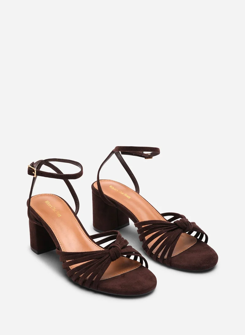 Where's That From Blossy Knotted Block Heel Sandal With Ankle Strap in Dark Brown Suede