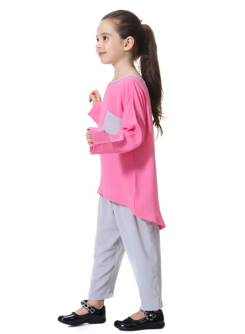 Loquat Girl's 2-Piece Set Outfit Round Neck Top And Loose Harem Pants Suit Rose Pink/Grey  - Image 2