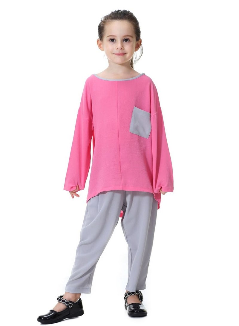 Loquat Girl's 2-Piece Set Outfit Round Neck Top And Loose Harem Pants Suit Rose Pink/Grey  - Image 1