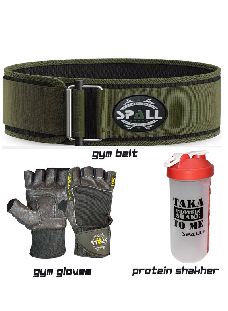 Spall Fitness Combo off Weightlifting Gym Belt, with Professional Gym Gloves & Protein Shaker Bottle Pill Holder  - Image 1