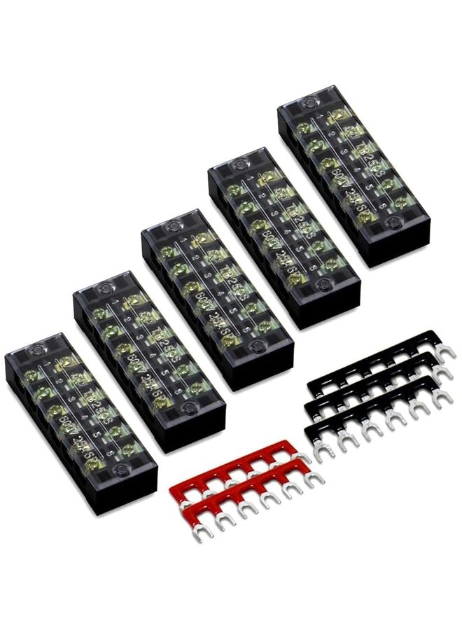 10 قطع (5 مجموعات) 12 وضعية، صف مزدوج، 600 فولت 25 أمبير، شرائط أطراف لولبية مع غطاء، 400 فولت 25 أمبير، 12 وضعية، شريط حاجز لأطراف معزولة مسبقًا (أسود وأحمر) (المقاس: 25 أمبير). - Image 1