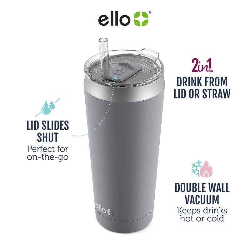 Ello Beacon Vacuum Insulated Stainless Steel Tumbler with Optional Straw, 24 oz, Grey - Image 2