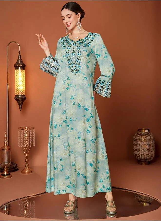 تايك تو Take Two Floral Print Embroidered Lace Long Sleeve Jalabiya