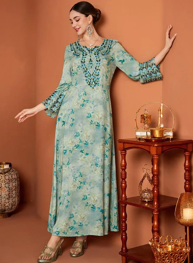 Take Two Take Two Floral Print Embroidered Lace Long Sleeve Jalabiya