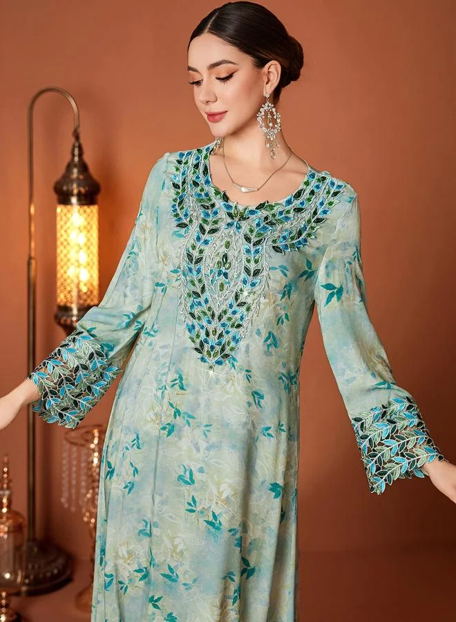 Take Two Take Two Floral Print Embroidered Lace Long Sleeve Jalabiya