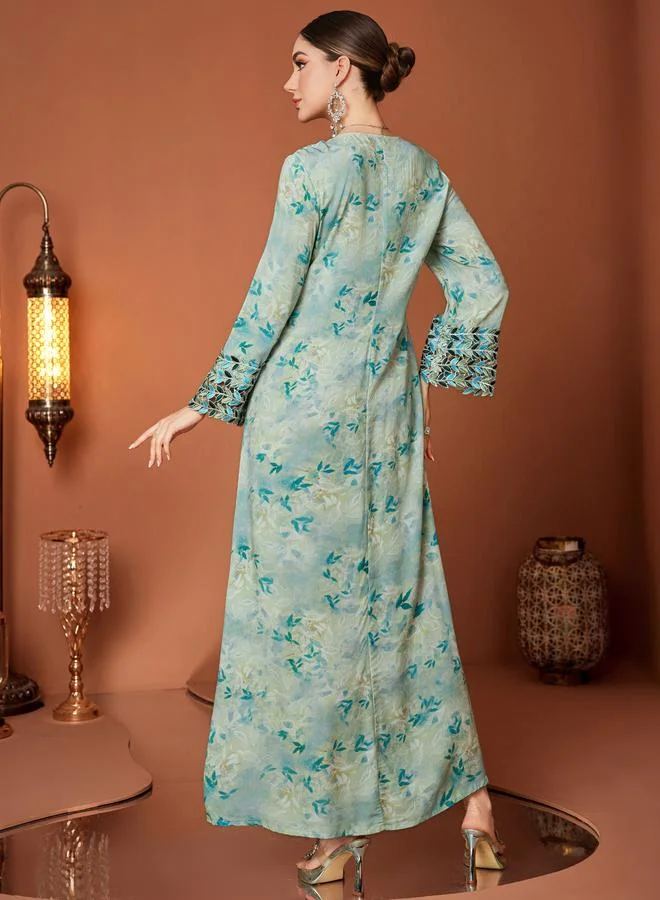 Take Two Take Two Floral Print Embroidered Lace Long Sleeve Jalabiya