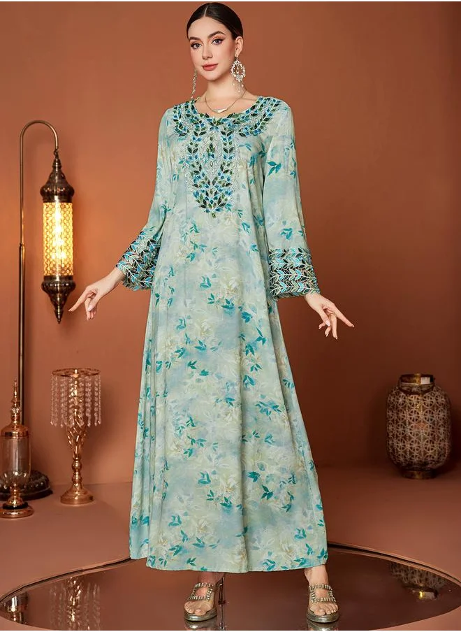 تايك تو Take Two Floral Print Embroidered Lace Long Sleeve Jalabiya