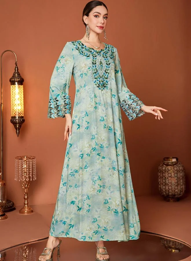 Take Two Take Two Floral Print Embroidered Lace Long Sleeve Jalabiya