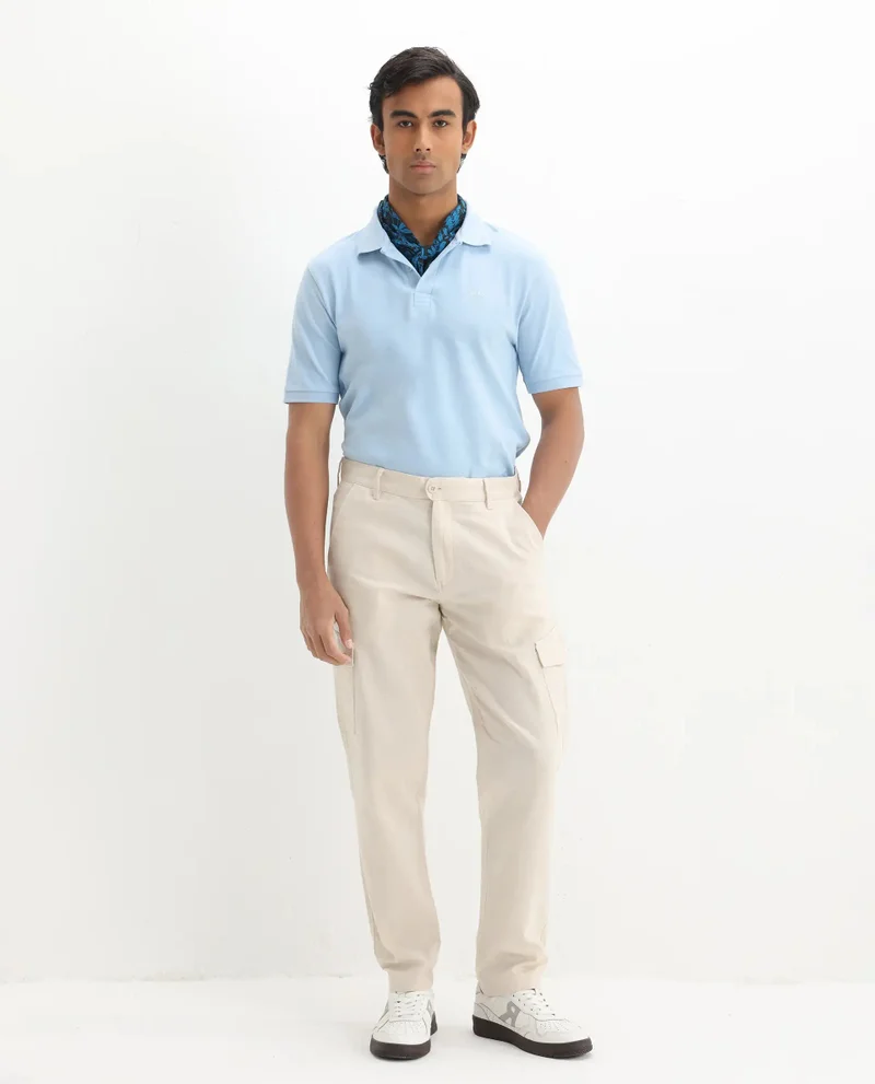 Rare Rabbit Rare Rabbit Men Elixir Dusky Blue Cotton Lycra Fabric Short Sleeve Collared Neck Button Closure Plain Polo