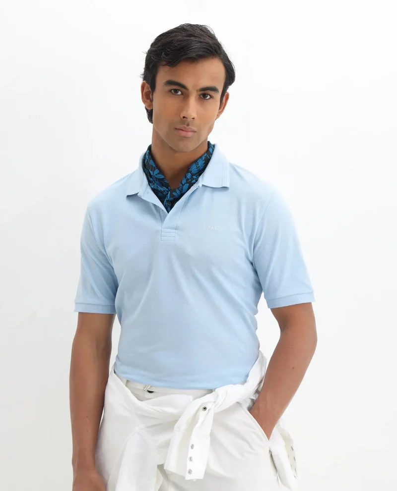 Rare Rabbit Rare Rabbit Men Elixir Dusky Blue Cotton Lycra Fabric Short Sleeve Collared Neck Button Closure Plain Polo