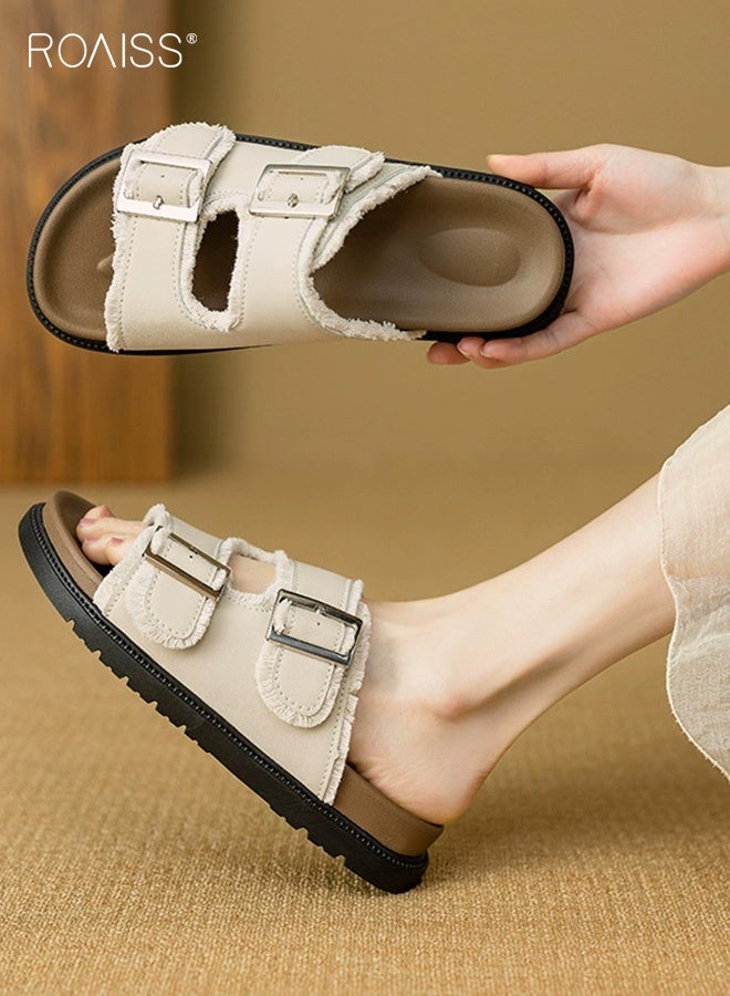 رويس صندل مسطح أنيق للنساء، حذاء مسطح أنيق مع إبزيم قابل للتعديل وجزء علوي من الجلد المهترئ، حذاء مسطح كاجوال للشاطئ، شباشب شاطئ خارجية، لون بيج - Image 1