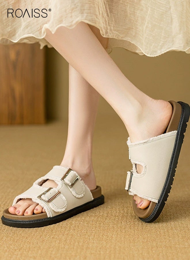 رويس صندل مسطح أنيق للنساء، حذاء مسطح أنيق مع إبزيم قابل للتعديل وجزء علوي من الجلد المهترئ، حذاء مسطح كاجوال للشاطئ، شباشب شاطئ خارجية، لون بيج - Image 2