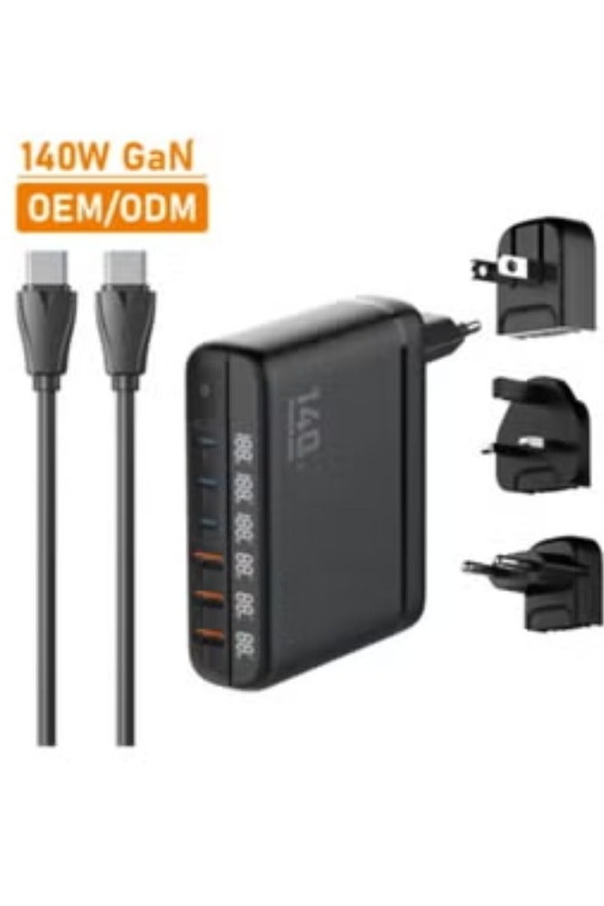 ريبنيو شاشة LED بمنفذ GaN 6-USB+PD بقوة 140 وات، كابل تمديد لشحن سطح المكتب بسرعة 1.5 متر مع قابس قابل للاستبدال، الولايات المتحدة/الاتحاد الأوروبي/المملكة المتحدة لأجهزة iPhone Samsung MacBook Laptop - Image 1