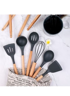 Y&D A set of high quality 12-piece cooking utensils, made silicone with natural wooden handles, (black color).  - Image 1