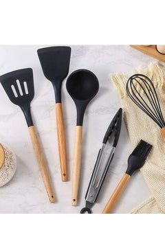 Y&D A set of high quality 12-piece cooking utensils, made silicone with natural wooden handles, (black color).  - Image 5