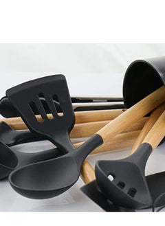 Y&D A set of high quality 12-piece cooking utensils, made silicone with natural wooden handles, (black color).  - Image 4