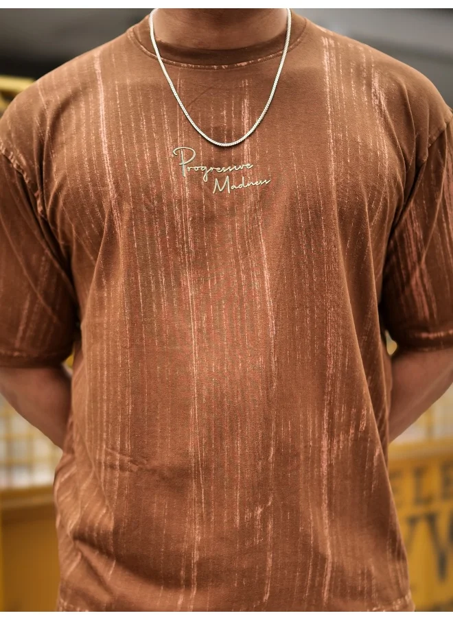 مانياك Maniac Mens Madness Brush Printed Round Neck 3/4th Sleeve Brown Cotton T-Shirt