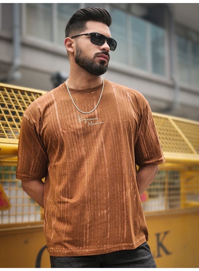 Maniac Maniac Mens Madness Brush Printed Round Neck 3/4th Sleeve Brown Cotton T-Shirt  - Image 3