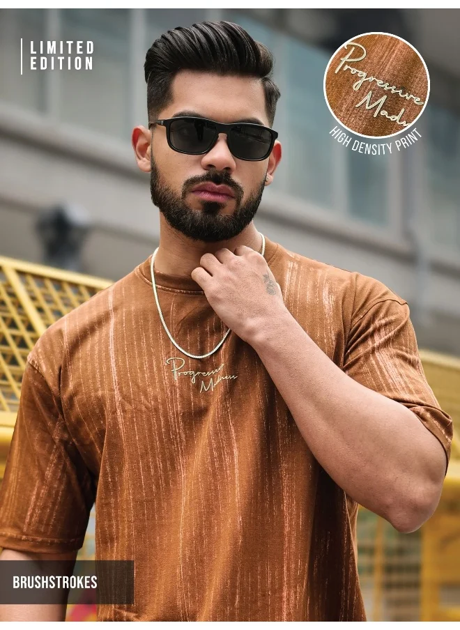 مانياك Maniac Mens Madness Brush Printed Round Neck 3/4th Sleeve Brown Cotton T-Shirt