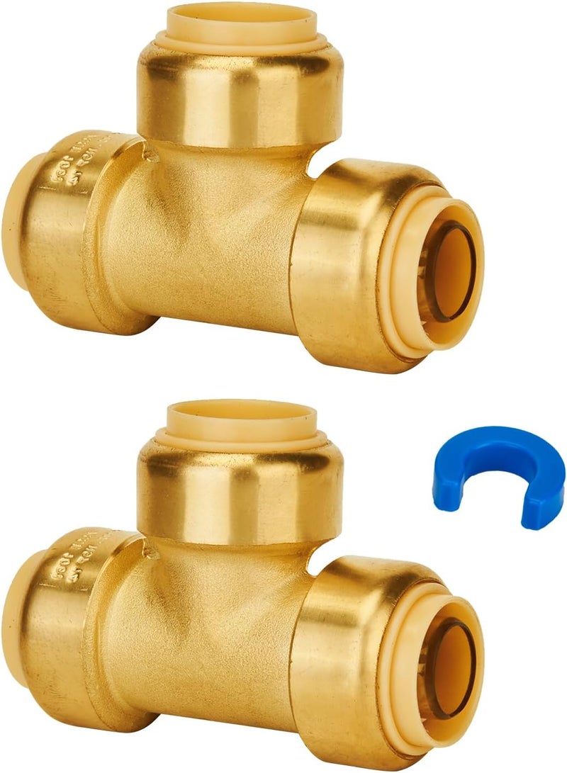 SUNGATOR Tee Plumbing Pipe Connector, 3/4-Inch Push Fit PEX Tee, No Lead Brass T Fittings with Disconnect Clip, Push-to-Connect, Copper, CPVC (2-Pack) - Image 1