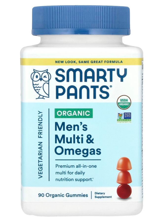 SmartyPants Organic Men's Multi & Omegas Gummies Raspberry Orange and Cherry 90 Organic Gummies