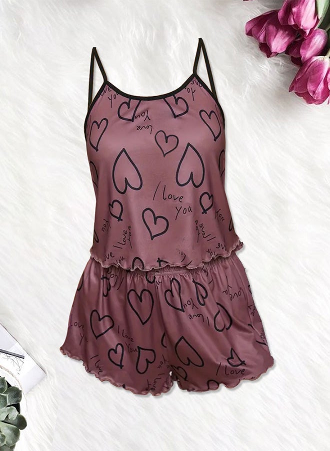 MARGOUN Women's 2 Pieces Heart Graphic Print Satin Lounge Set Sleeveless Binding Trim Cami Top and Shorts Pajama Set Purple - Image 1