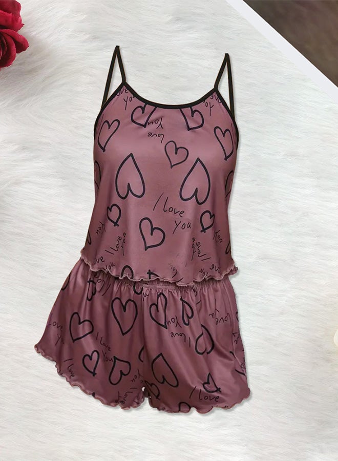 MARGOUN Women's 2 Pieces Heart Graphic Print Satin Lounge Set Sleeveless Binding Trim Cami Top and Shorts Pajama Set Purple - Image 2
