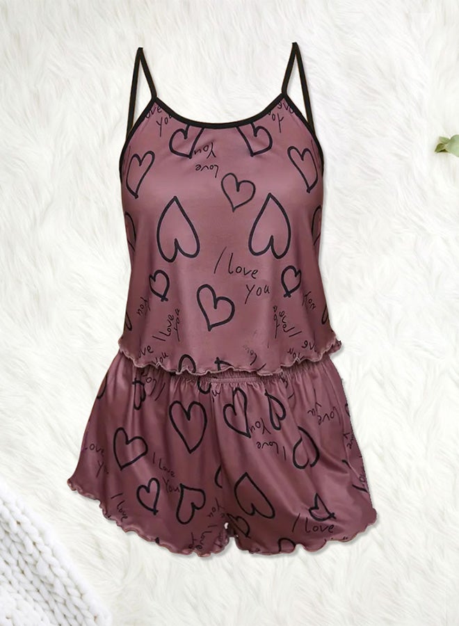 MARGOUN Women's 2 Pieces Heart Graphic Print Satin Lounge Set Sleeveless Binding Trim Cami Top and Shorts Pajama Set Purple - Image 3