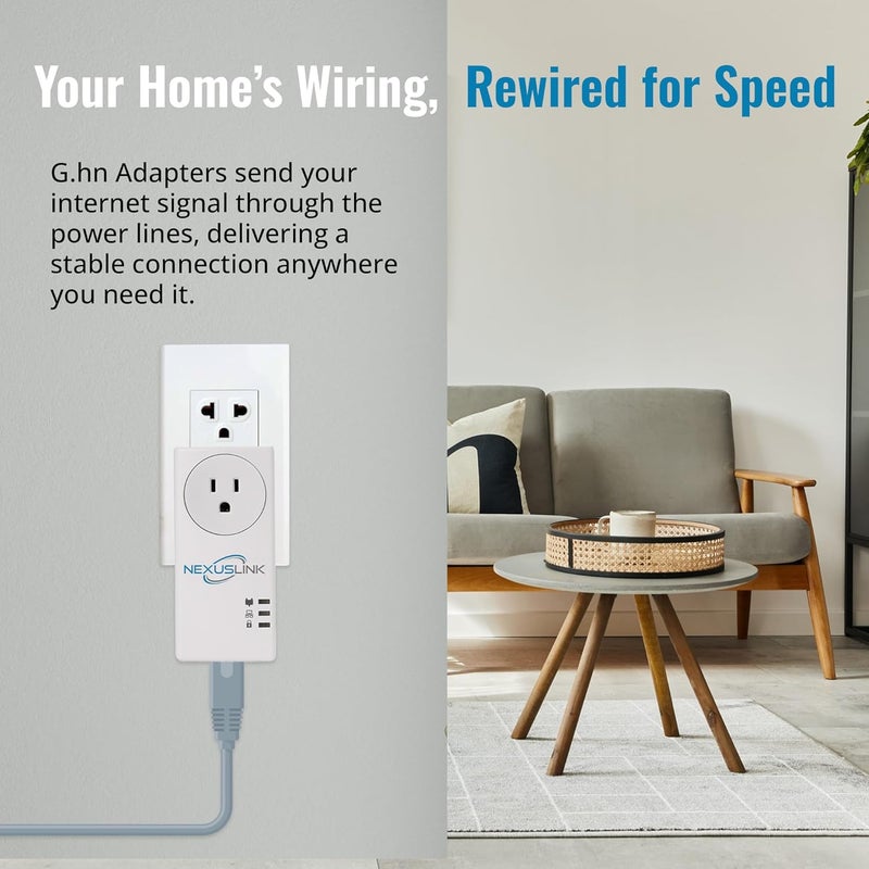 NEXUSLINK G.hn Powerline Ethernet Adapter Kit – 1200 Mbps, Gigabit Port - Stable Ethernet Over Power for Gaming & Streaming, Home Network Expander, Wall Plug - 2 Units (GPL-1200-KIT) - Image 3