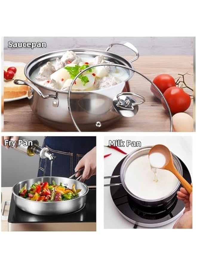 بيوينتي Beauty 5 قطع مجموعة ستانلس ستيل لأواني الطهي، قدر، مقلاة، قدر الحليب، مقابض مريحة، متوافقة مع جميع أنواع المواقد، آمنة للغسيل في غسالة الأطباق، ستانلس ستيل صالح للطعام، أساسيات المطبخ المتينة والأنيقة - Image 3