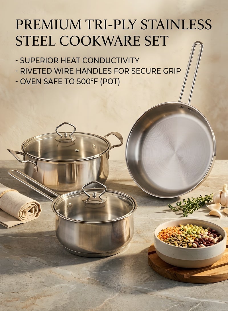 Beauenty 5 Pcs Stainless Steel Cookware Set,Saucepan,Fry Pan,Milk Pan,Ergonomic Handles,All Cooktop Compatible,Dishwasher Safe,Food-Grade Stainless Steel,DurableStylish Kitchen Essentials - Image 1