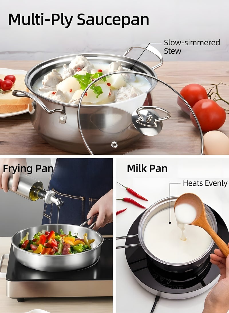 Beauenty 5 Pcs Stainless Steel Cookware Set,Saucepan,Fry Pan,Milk Pan,Ergonomic Handles,All Cooktop Compatible,Dishwasher Safe,Food-Grade Stainless Steel,DurableStylish Kitchen Essentials - Image 3