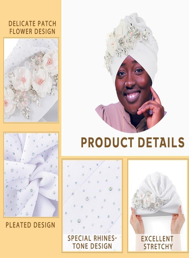 Bohend African Flower Rhinestone Turban Cap Muslim Pre Tied Beanie Headwrap Sequin Bonnet Headscarf Stretch Pleated Women Hat (1) - Image 3