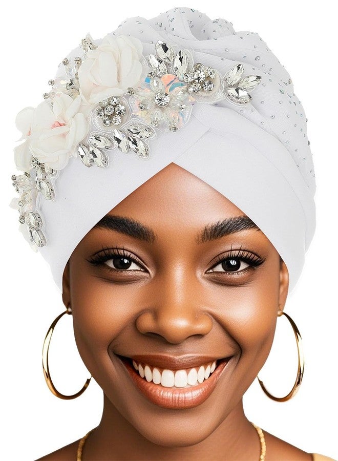 Bohend African Flower Rhinestone Turban Cap Muslim Pre Tied Beanie Headwrap Sequin Bonnet Headscarf Stretch Pleated Women Hat (1) - Image 1
