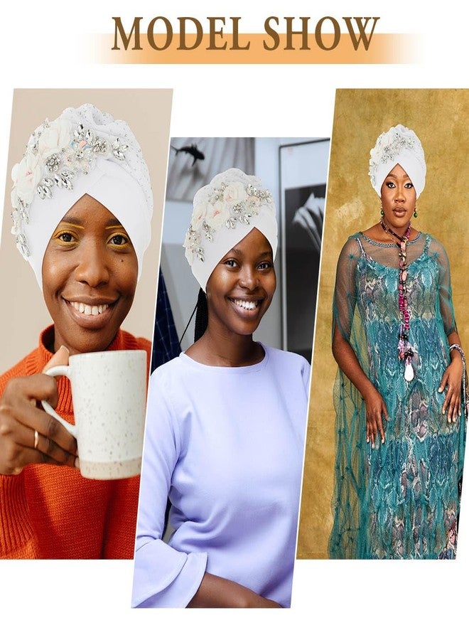 Bohend African Flower Rhinestone Turban Cap Muslim Pre Tied Beanie Headwrap Sequin Bonnet Headscarf Stretch Pleated Women Hat (1) - Image 4