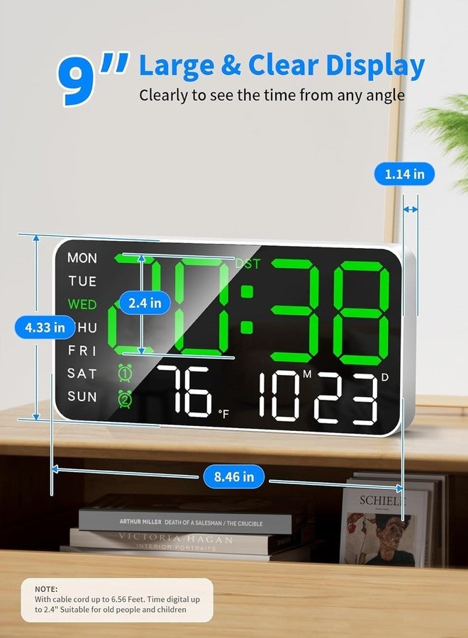 ASTROMETRIC 9" LED Digital Wall Clock with Date, Day & Temperature - Dual Alarm, Adjustable Brightness, USB Powered - Large Display for Bedroom, Office & Home Decor (Green) - Image 3
