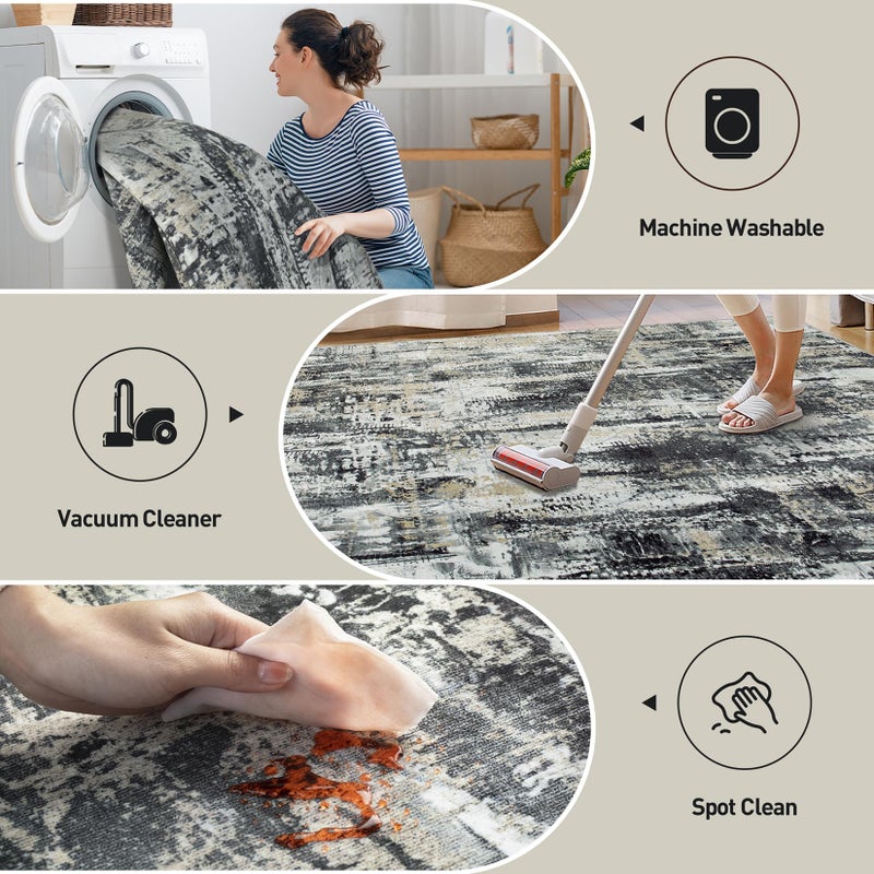 Gent drizz 9x12 Area Rugs Washable Rug: Modern Abstract Living Room Rug Soft Anti-Skid Thin Carpet Indoor Floor Non-Shedding Carpets for Bedroom Dining Room Farmhouse Nursery Home Office Black Grey Gold - Image 3