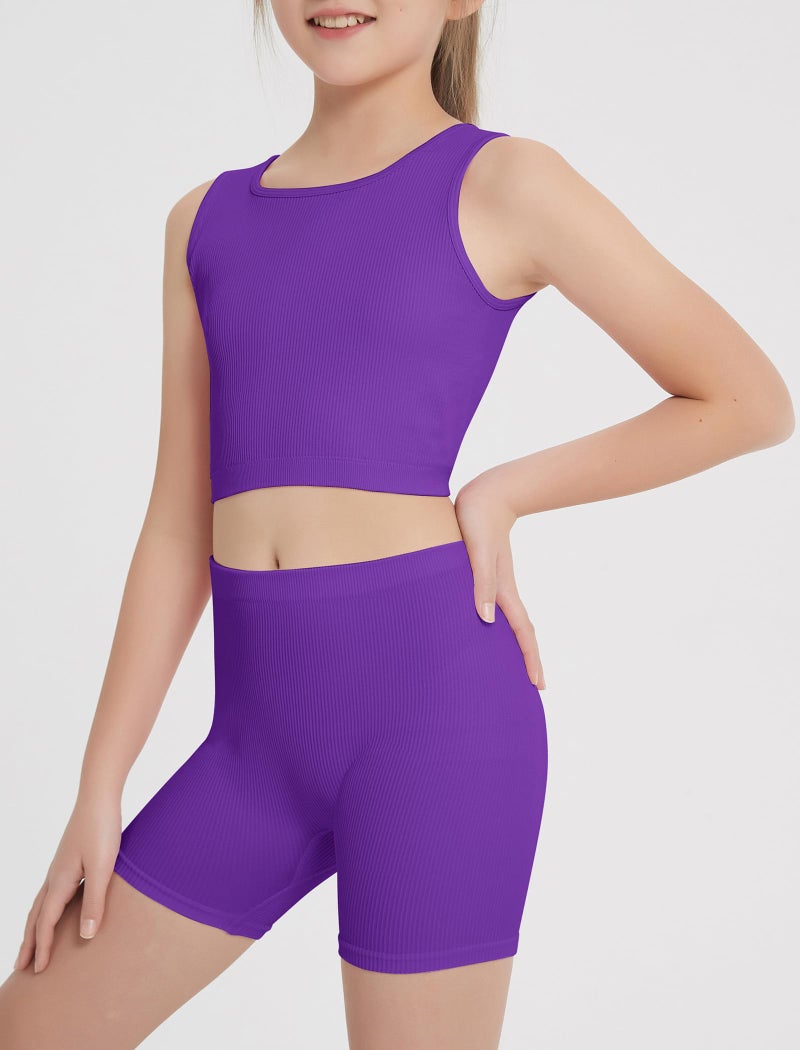 EXARUS Girls 2 Piece Outfits Workout Set Tank Tops and Athletic Shorts Seamless Ribbed Crew Neck Kids Summer Purple 8Y - Image 2
