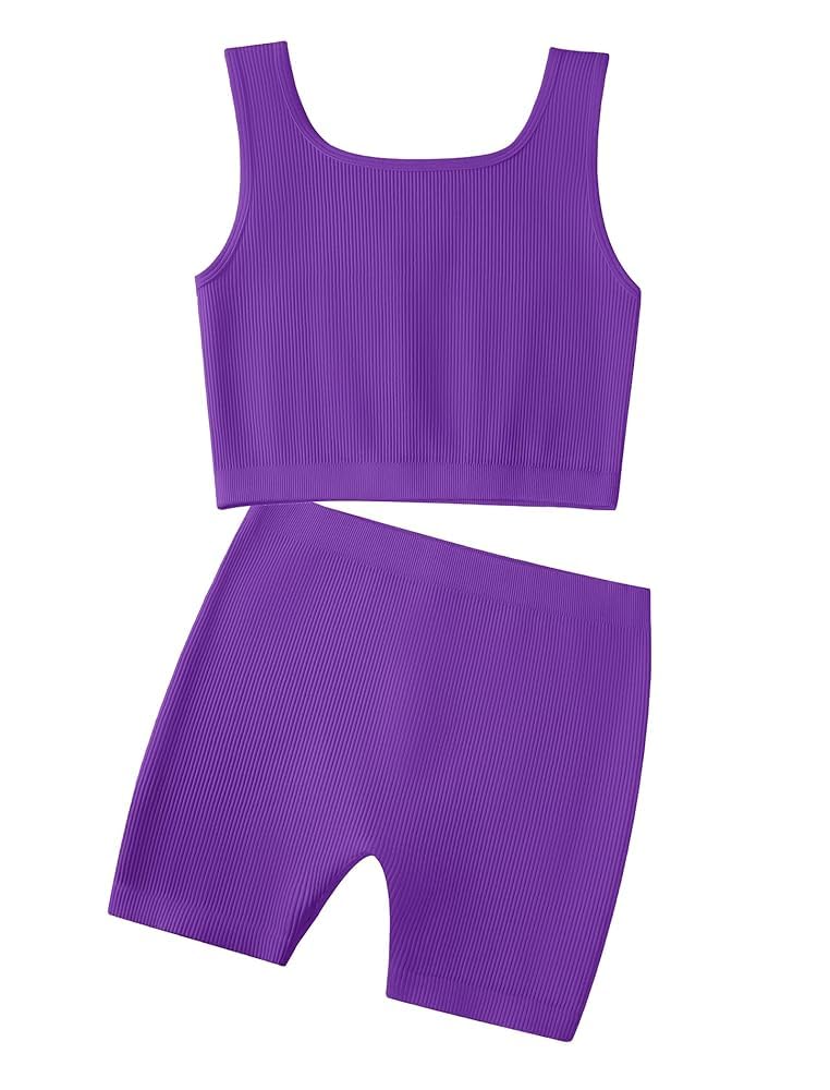 EXARUS Girls 2 Piece Outfits Workout Set Tank Tops and Athletic Shorts Seamless Ribbed Crew Neck Kids Summer Purple 8Y - Image 1