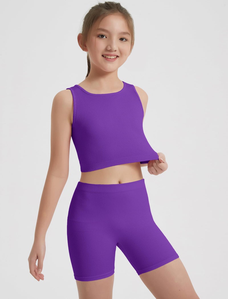 EXARUS Girls 2 Piece Outfits Workout Set Tank Tops and Athletic Shorts Seamless Ribbed Crew Neck Kids Summer Purple 8Y - Image 5